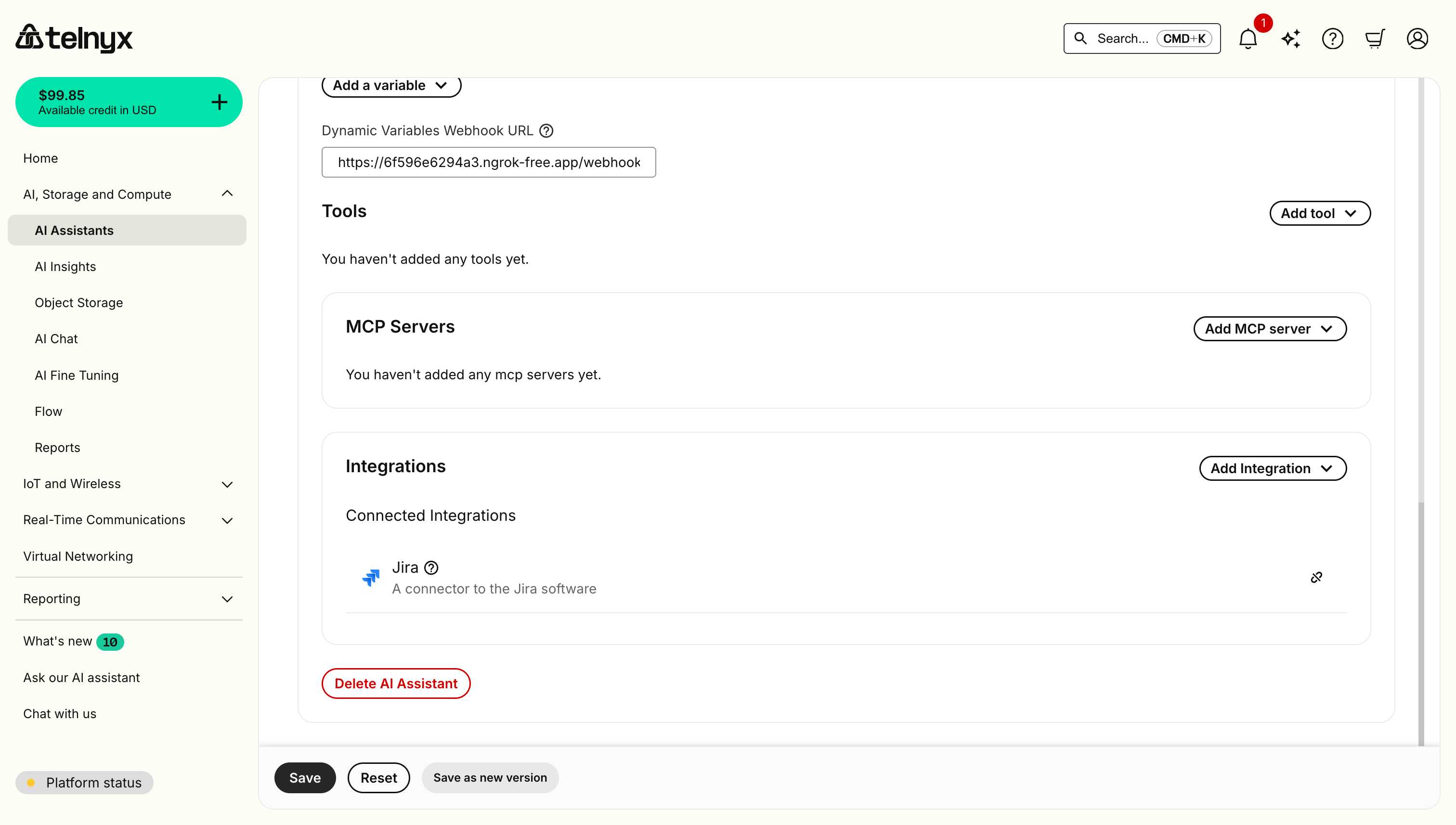 Integrations section displaying Jira under Connected Integrations with description and unassign button
