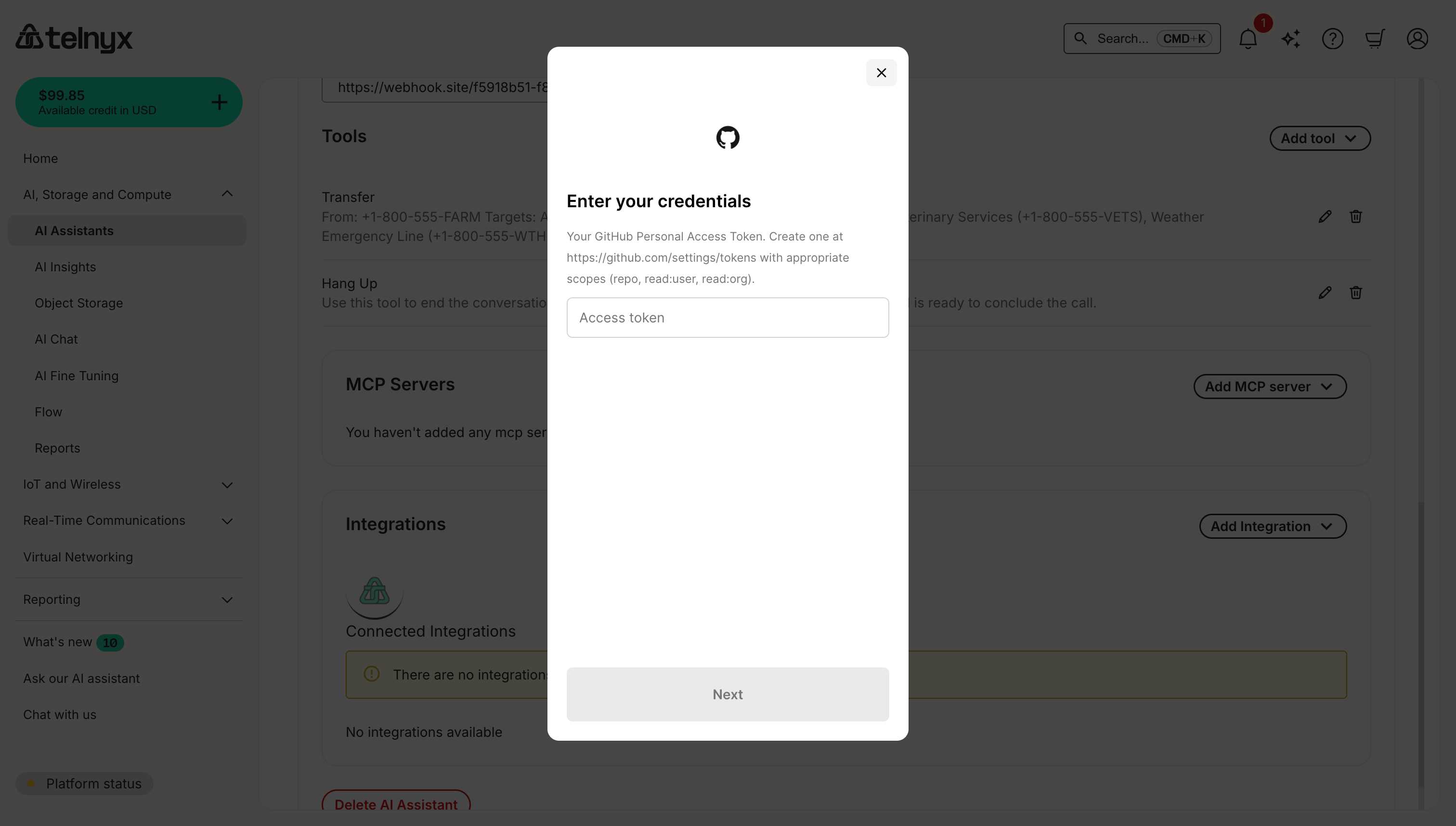 GitHub integration credentials dialog showing Personal Access Token input field