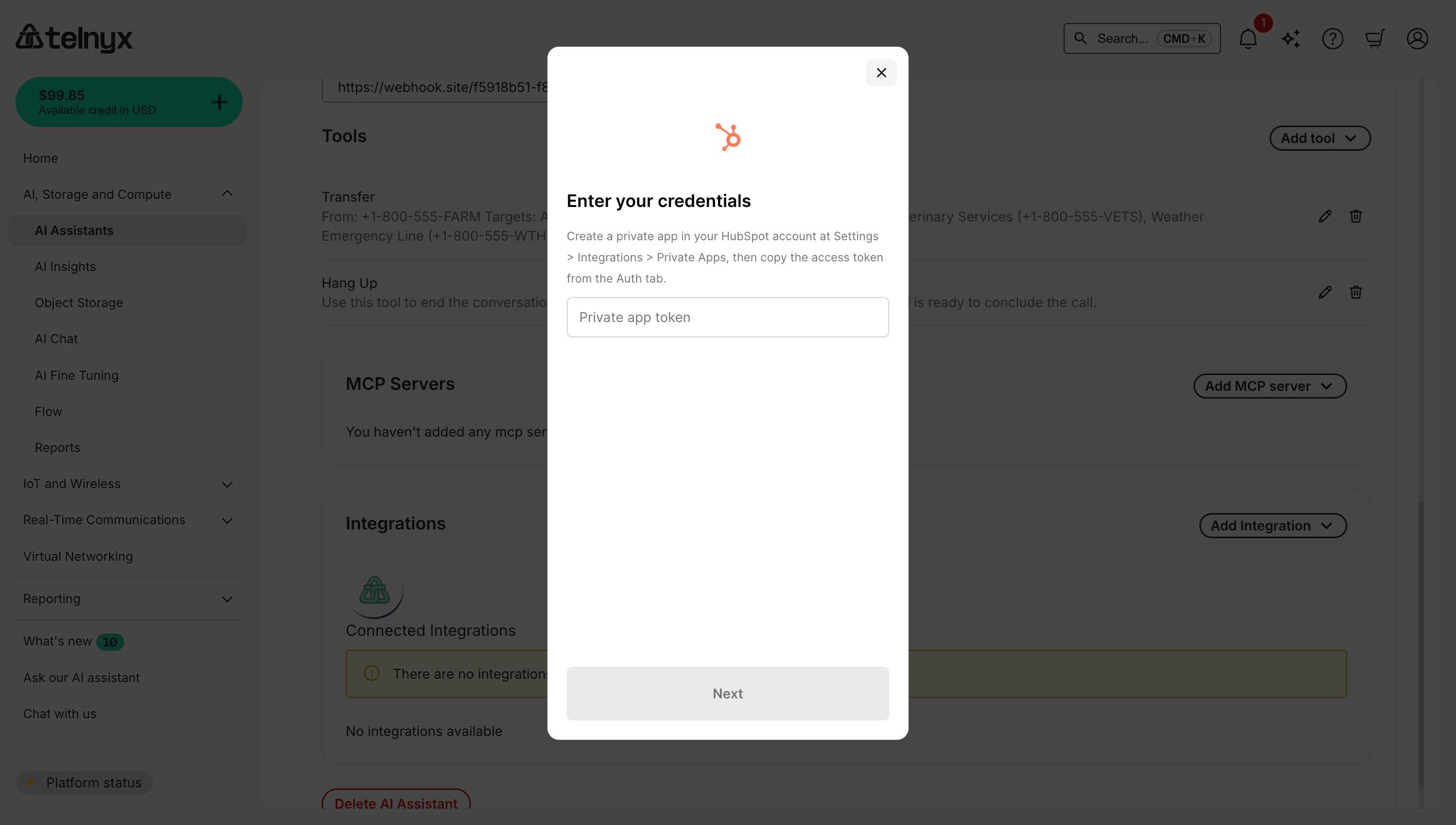 HubSpot integration credentials dialog showing Private app token input field