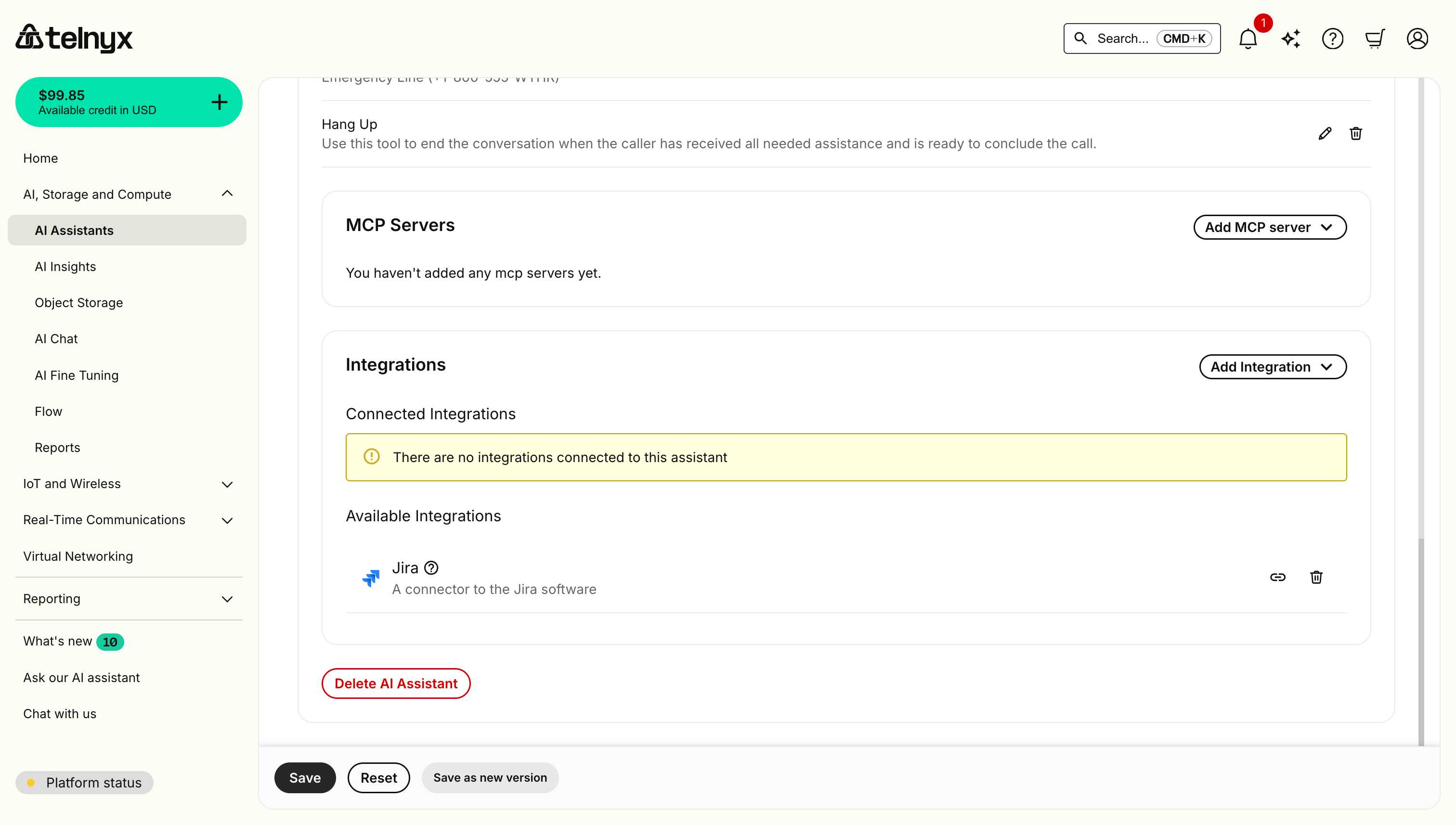 Jira integration card in Available Integrations showing connect button and delete button (trash icon)