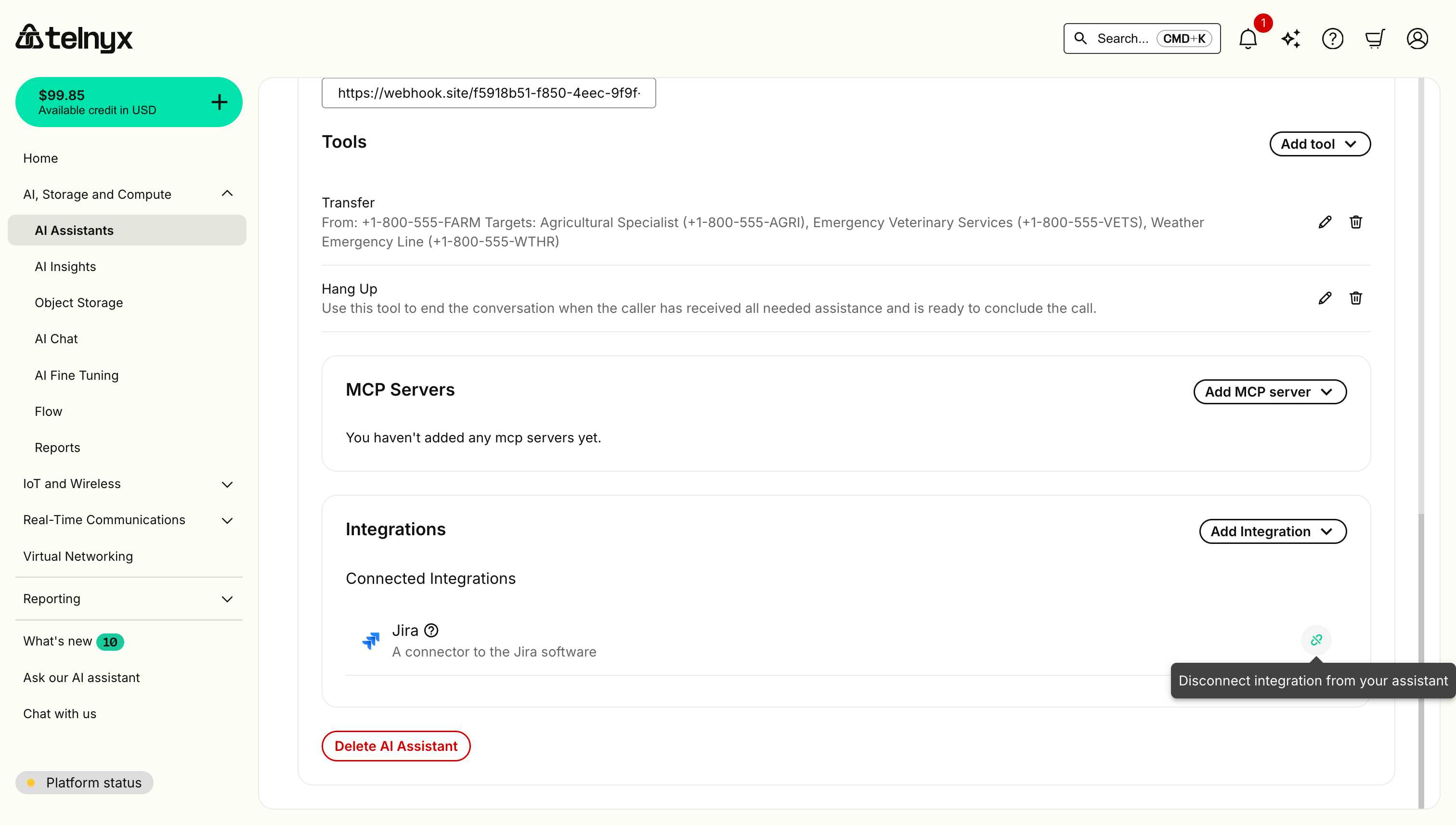 Jira integration card in Connected Integrations showing unassign button (chain link icon)