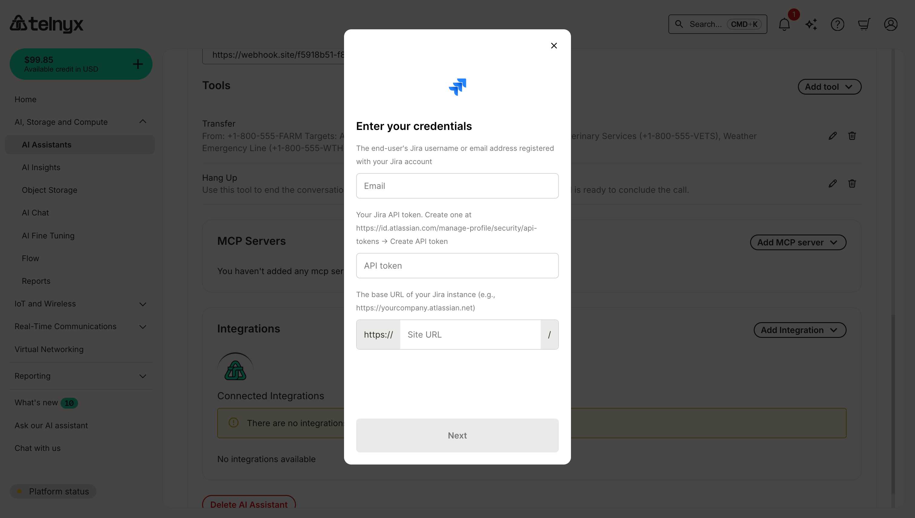 Jira integration credentials dialog showing Email, API token, and Site URL input fields