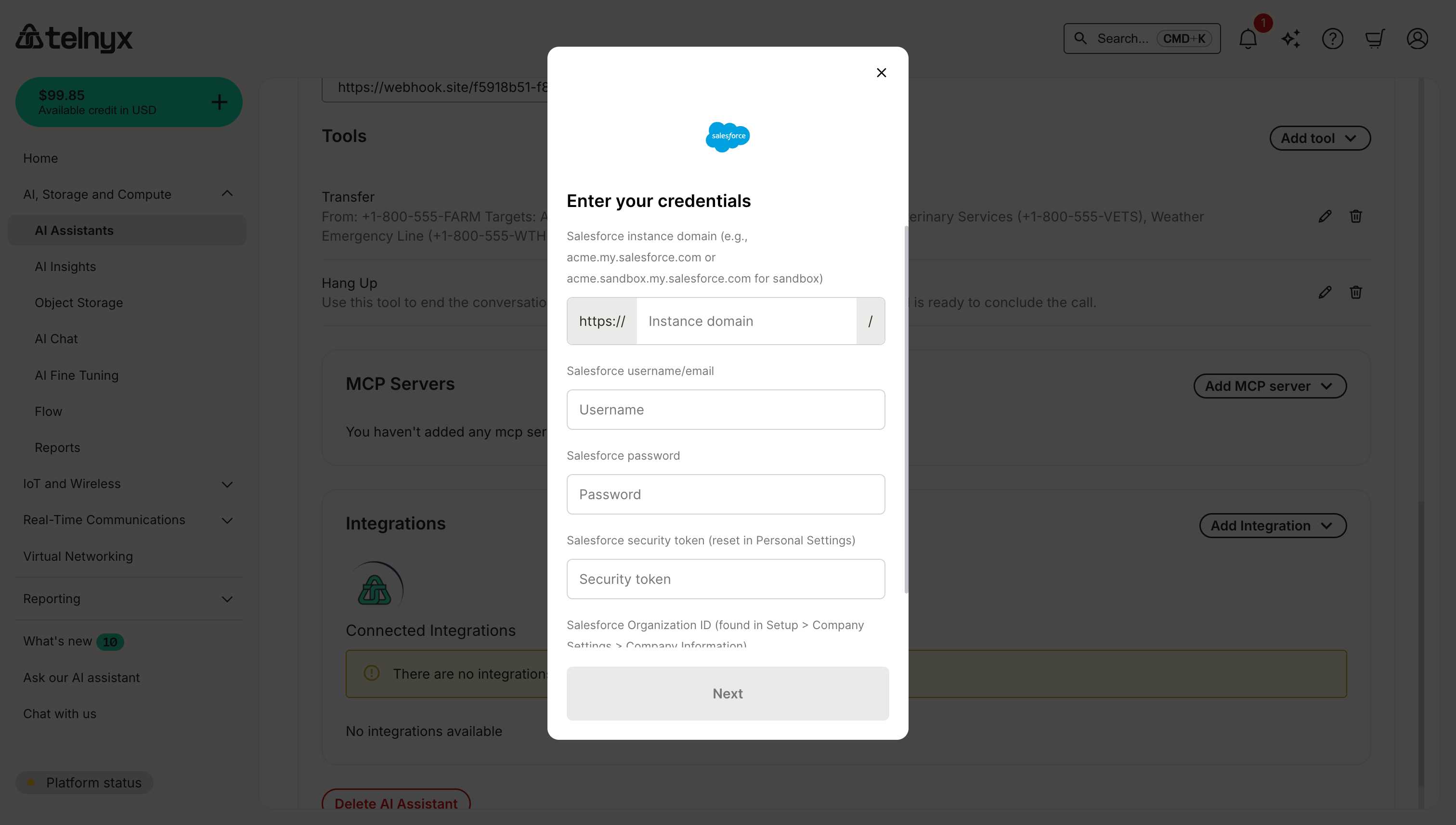 Salesforce integration credentials dialog showing Instance domain, Username, Password, Security token, and Organization ID input fields