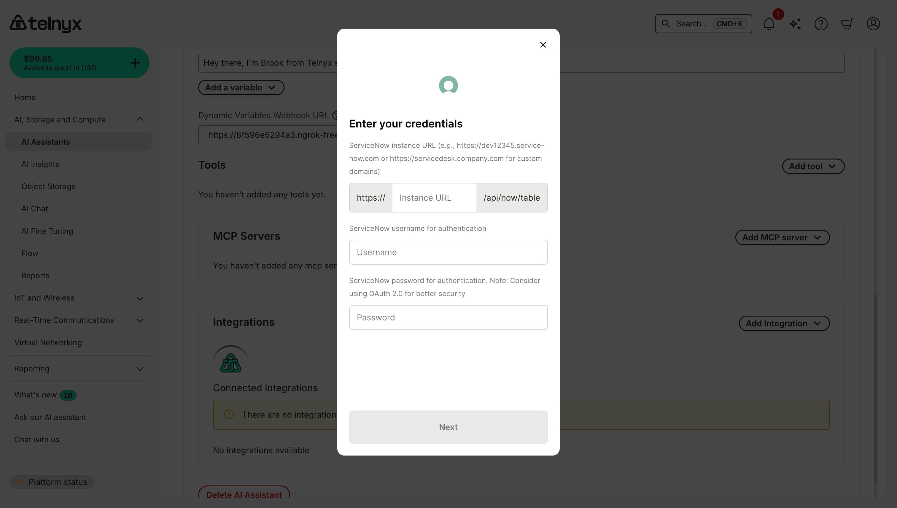 ServiceNow integration credentials dialog showing Instance URL, Username, and Password input fields