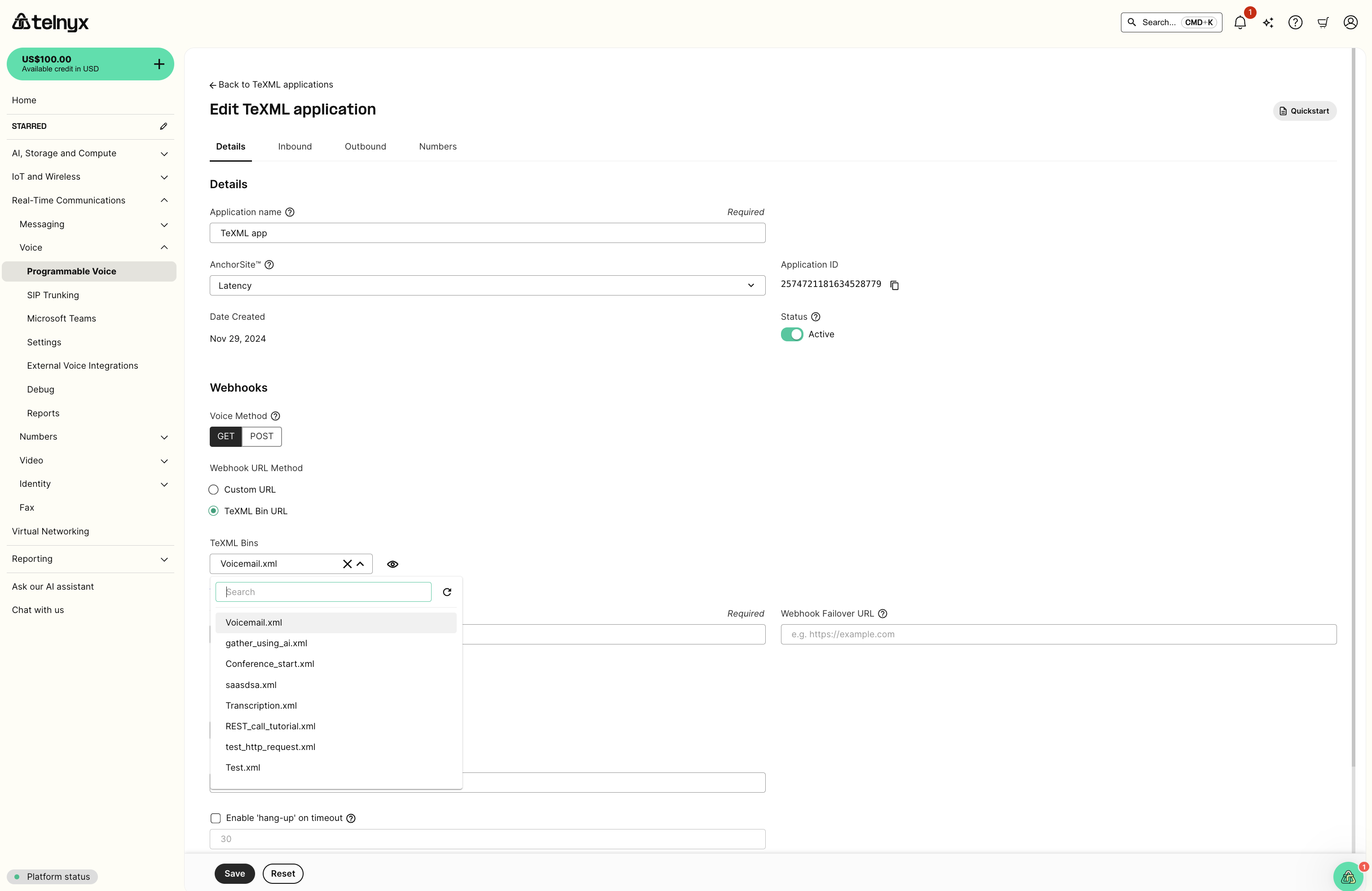 Editing your TeXML Application