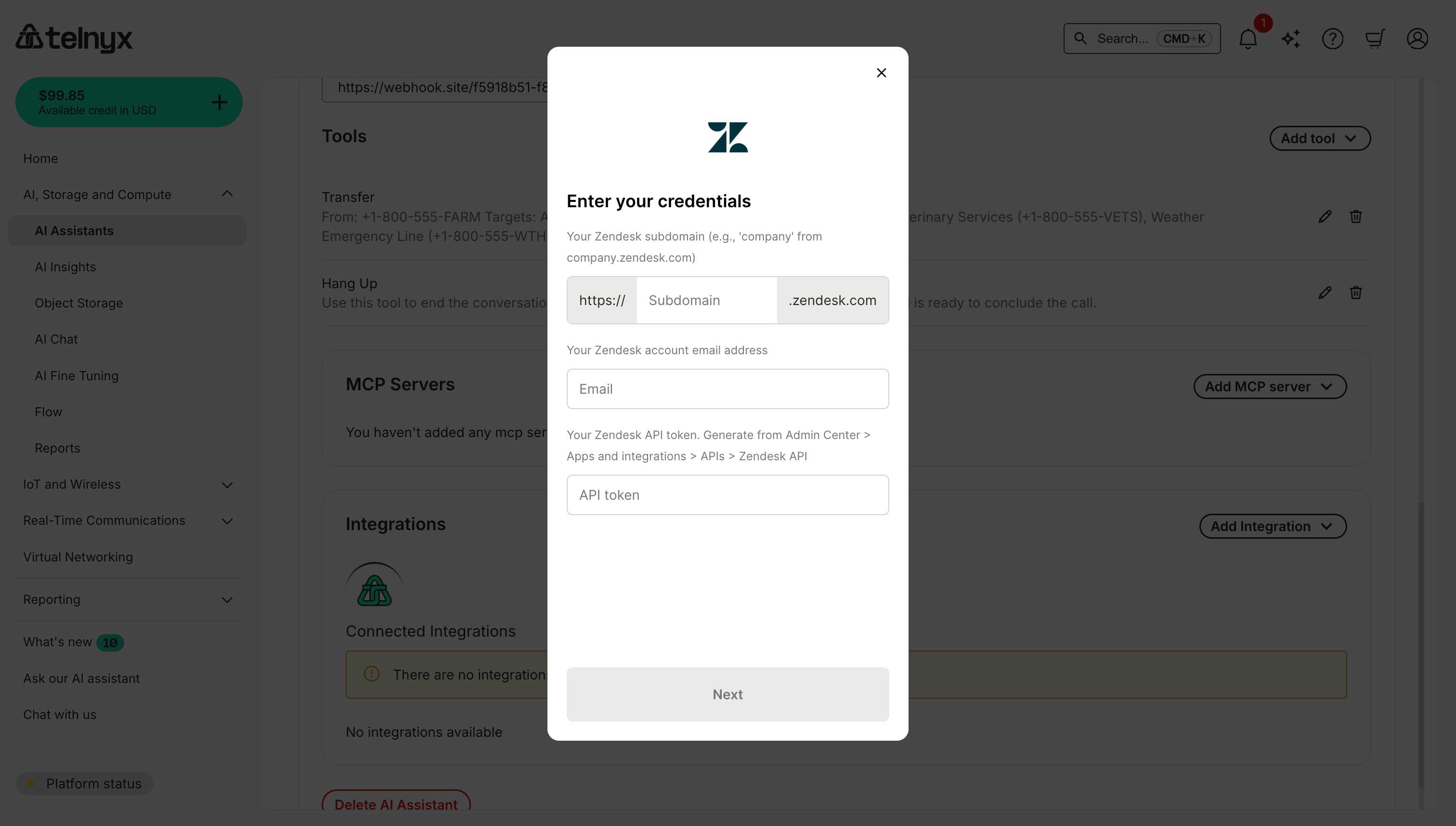 Zendesk integration credentials dialog showing Subdomain, Email, and API token input fields